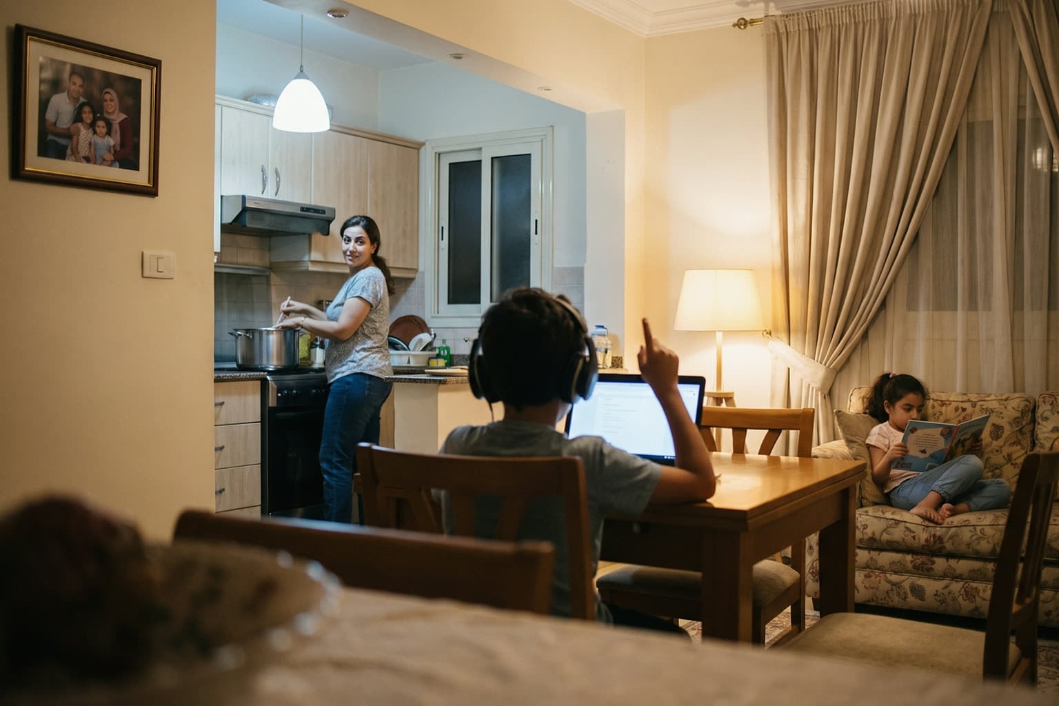 فتى يجيب خلال حصته المسائية المباشرة على طاولة الطعام، بينما تعد والدته الطعام وتقرأ شقيقته الصغرى على الأريكة
