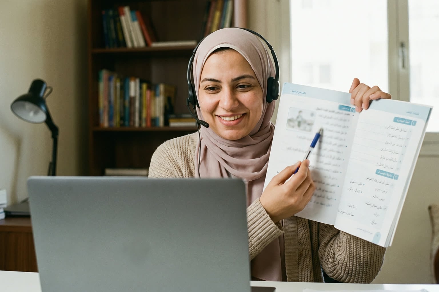 معلمة ترتدي سماعة رأس وتعرض كتاب تدريبات مفتوحاً أمام كاميرا حاسوبها المحمول أثناء حصة مباشرة